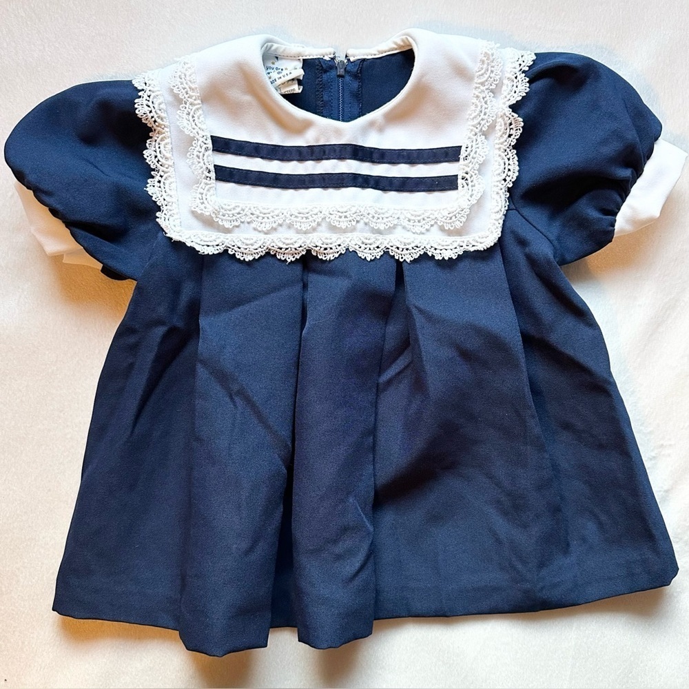 Vintage You Are In Wonderland Lace Trim Dress Girls Toddler 2T Navy Blue USA